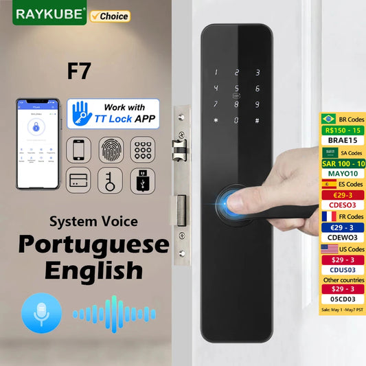 RAYKUBE F7 TT Fechadura com impressão digital Fechadura elétrica para porta com alça maior e maior em português/inglês, aplicativo de voz, desbloqueio remoto